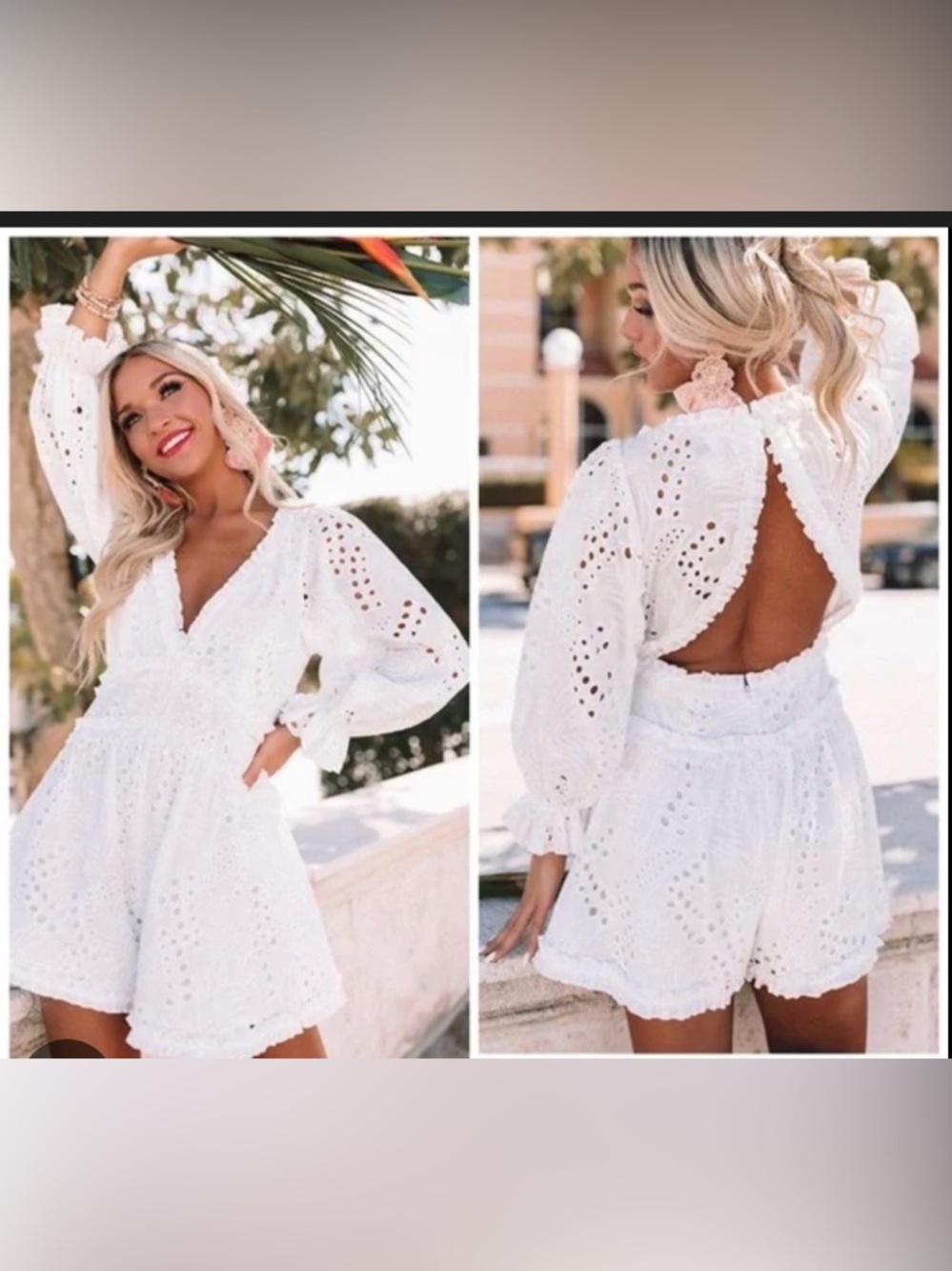 Luxxel White Eyelet Backless Romper with Ruffle Trim